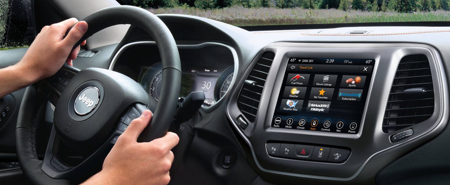 The touchscreen in the 2021 Jeep Cherokee with the Apps screen selected.